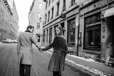 Montreal Engagement Photographer; Ferris Wheel Montreal portrait photo; Lucille and Max's winter engagement shoot; Montreal Pre-Wedding photographer; Old Montreal engagement photo session; Dog child