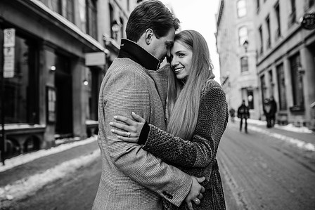 Montreal Engagement Photographer; Ferris Wheel Montreal portrait photo; Lucille and Max's winter engagement shoot; Montreal Pre-Wedding photographer; Old Montreal engagement photo session; Dog child