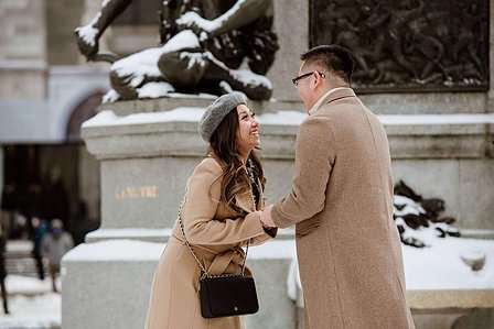 Montreal surprise marriage proposal photographer; Notre Dame Basilica surprise proposal; Old Montreal surprise proposal photographer; Rachel and Justin's Montreal surprise proposal photographer; She said yes; Winter surprise proposal Montreal
