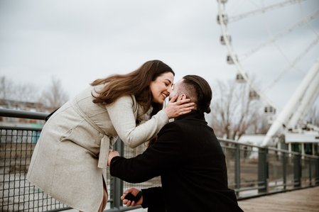 Hana and Nick's Montreal surprise proposal photographer; John KOO Photography; MTL surprise marriage proposal photo; Old Montreal Ferris Wheel surprise proposal; surprise proposal photography Old Montreal