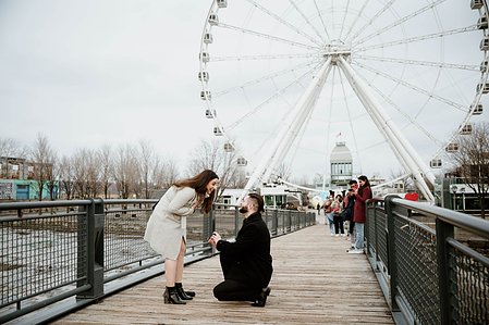 Hana and Nick's Montreal surprise proposal photographer; John KOO Photography; MTL surprise marriage proposal photo; Old Montreal Ferris Wheel surprise proposal; surprise proposal photography Old Montreal