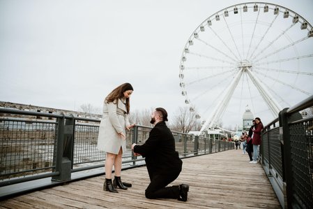 Hana and Nick's Montreal surprise proposal photographer; John KOO Photography; MTL surprise marriage proposal photo; Old Montreal Ferris Wheel surprise proposal; surprise proposal photography Old Montreal