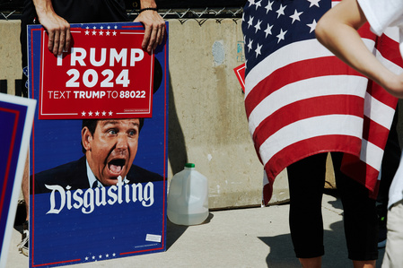 Trump supporters gather outside at the Fox News Republican Debate in Milwaukee, W.I. on Aug 23, 2023. (Mustafa Hussain for The Free Press)