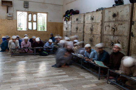 Students at Jamia Binoria Al Alamia take their first exam of the year on Sunday Oct 6, 2019 in Karachi, Pakistan. Established in 1978, Jamia Binoria is an internationally accredited Islamic university with students from over 40 countries. The three-hour l