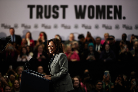 Vice President Kamal Harris speaks at a gathering for the “Fight for Reproductive Freedoms” tour, near Waukesha, W.I. on Jan. 22, 2024. This day marks the 51st anniversary for Roe v. Wade. (Mustafa Hussain for The New York Times)