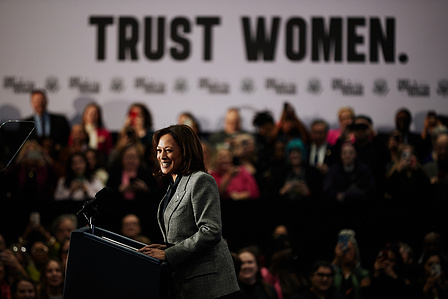 Vice President Kamal Harris speaks at a gathering for the “Fight for Reproductive Freedoms” tour, near Waukesha, W.I. on Jan. 22, 2024. This day marks the 51st anniversary for Roe v. Wade. (Mustafa Hussain for The New York Times)
