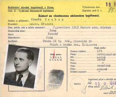 Koubek’s application for ID card, 1948. Courtesy of the National Archives of Czechoslovakia (Czech: Národní archiv), Police Headquarters Prague II – General Register (Czech: Policejní ředitelství Praha II – všeobecná spisovna), 1941–1950.
