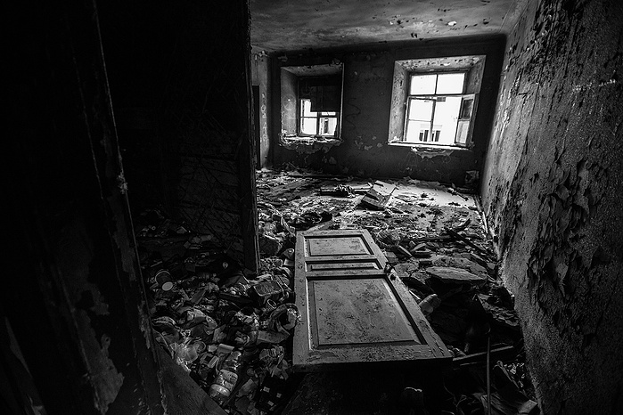 The ruins and rubble inside an abandoned building in Moscow.