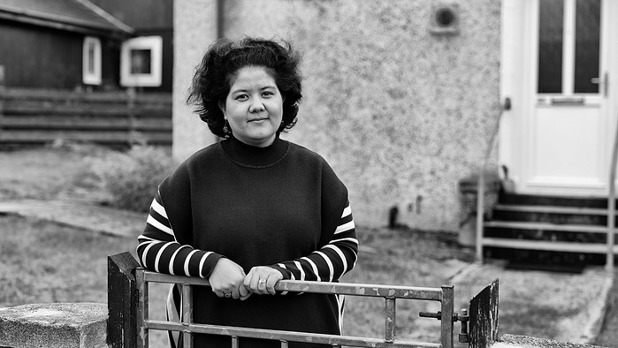 Black and White portrait of Frishta, an Afghan refugee who lives on the Isle of Lewis, Outer Hebrides, Scotland.