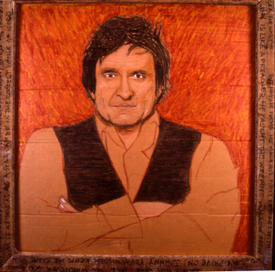 A crayon drawing of Johnny Cash.