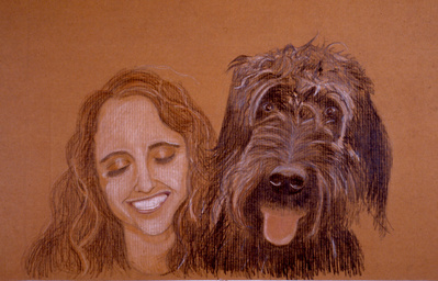 A family photo of a young woman and a dog.