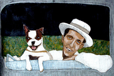 A crayon drawing of Jimmy Rogers and his dog.