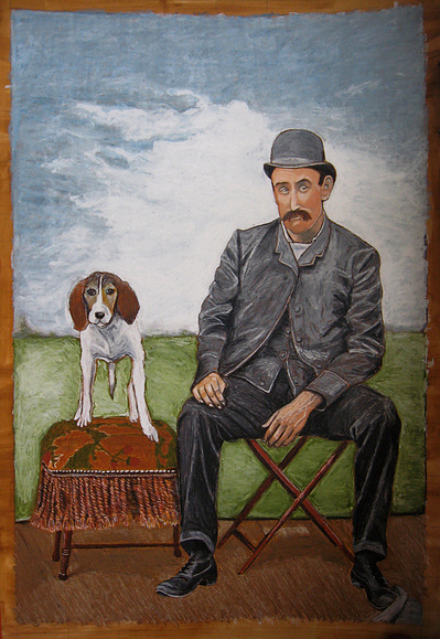 An oil pastel drawing of a man and his dog.