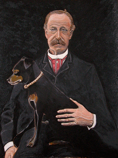 An oil pastel drawing of an older man with his dog.