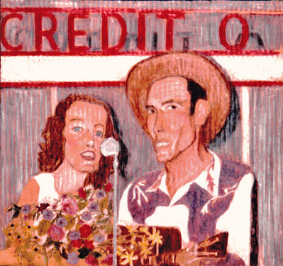 A crayon drawing of Hank Williams and his wife Audrey singing on the radio.