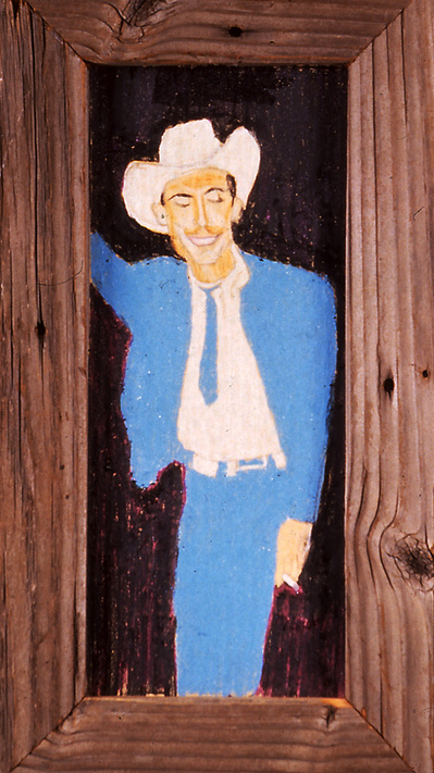 A crayon drawing of Hank Williams drunk.