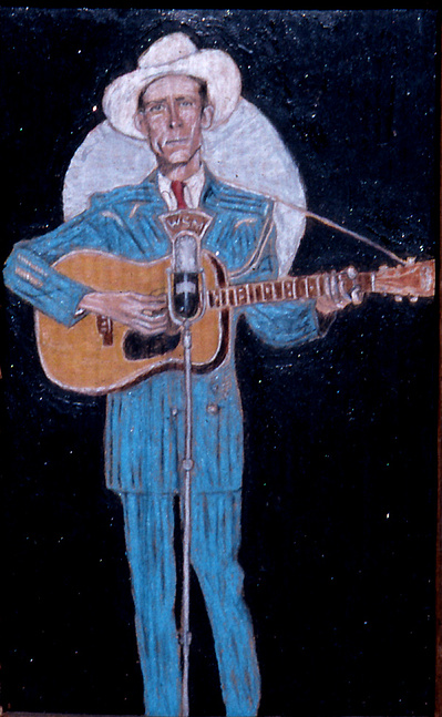 A crayon drawing of Hank Williams singing.
