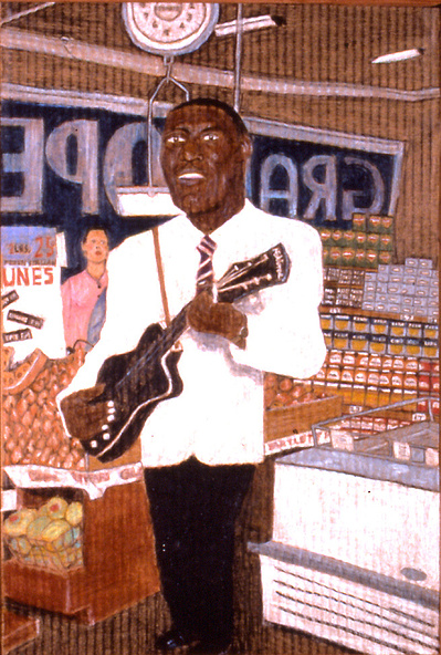 A crayon drawing of Howling Wolf in a supermarket.