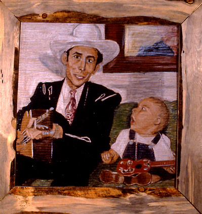 A crayon drawing of Hank Williams and his young son Hank Williams, Jr.