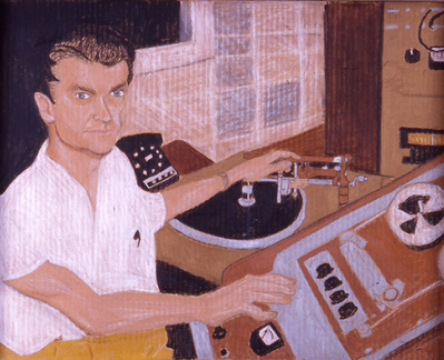 A crayon drawing of Sam Phillips in the studio.