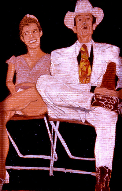 A crayon drawing of Hank Williams with a female fan. 