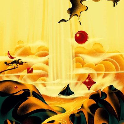 A yellowed color artwork depicting a waterfall.