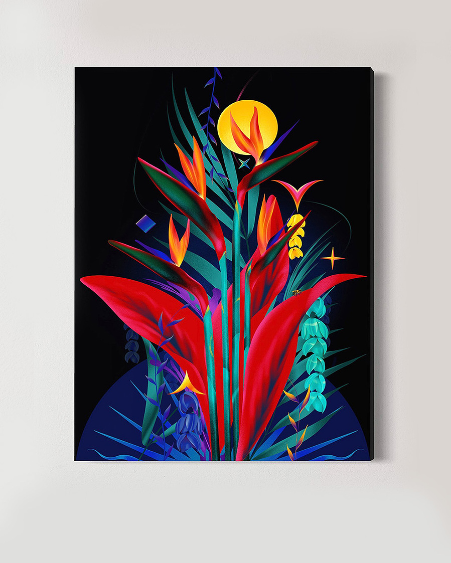 A colourful artwork depicting an arrangement of plants and floating shapes.