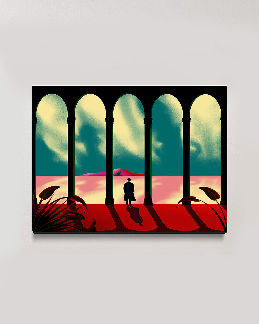 A painting of a surreal landscape with a lone figure looking at the view.