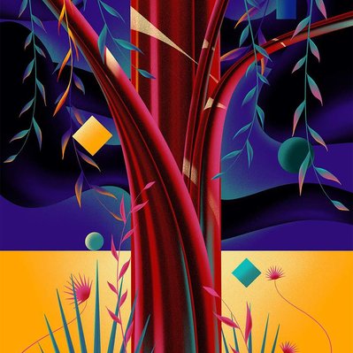 A colorful artwork depicting a tree trunk.
