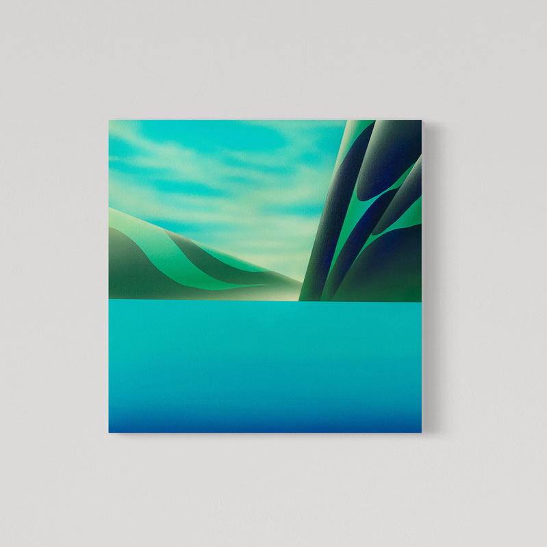 A blue and green landscape acrylic painting that depicts mountains with clouds. 