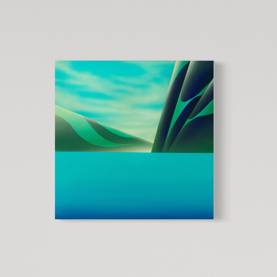 A blue coloured landscape painting.