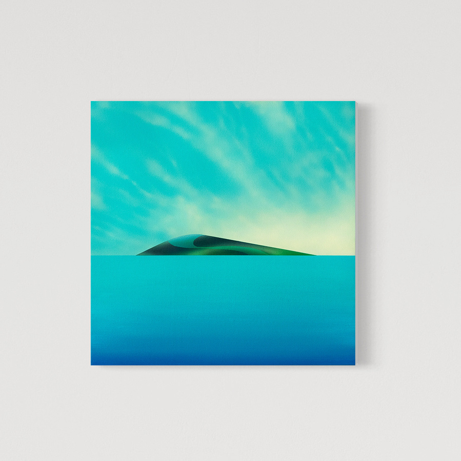 A blue coloured landscape painting.