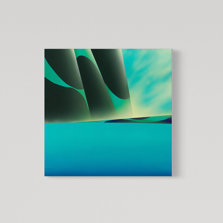 A blue coloured landscape painting.
