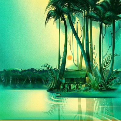 A monochromatic green landscape artwork.