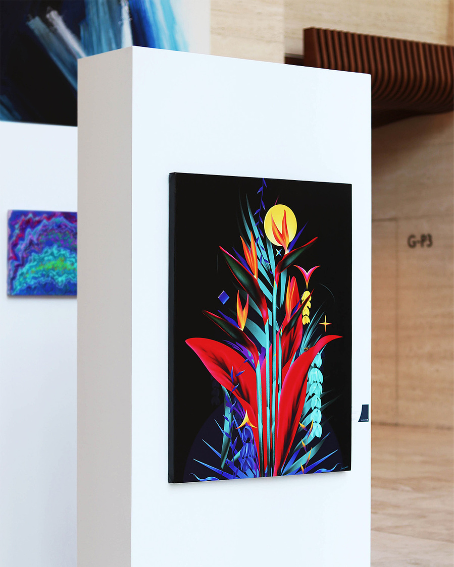 A colourful artwork depicting an arrangement of plants and floating shapes.