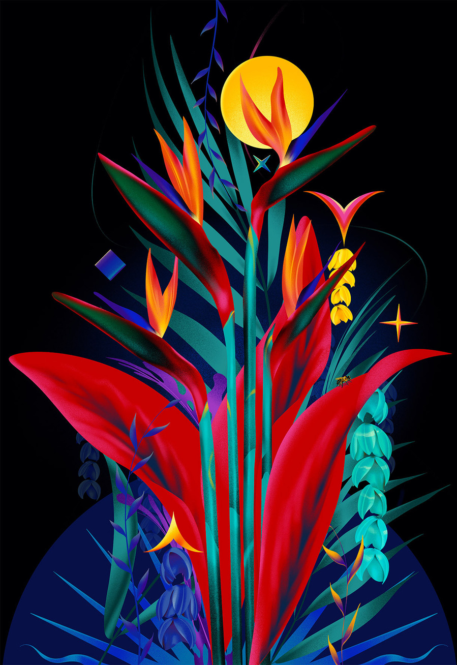 A colourful artwork depicting an arrangement of plants and floating shapes.