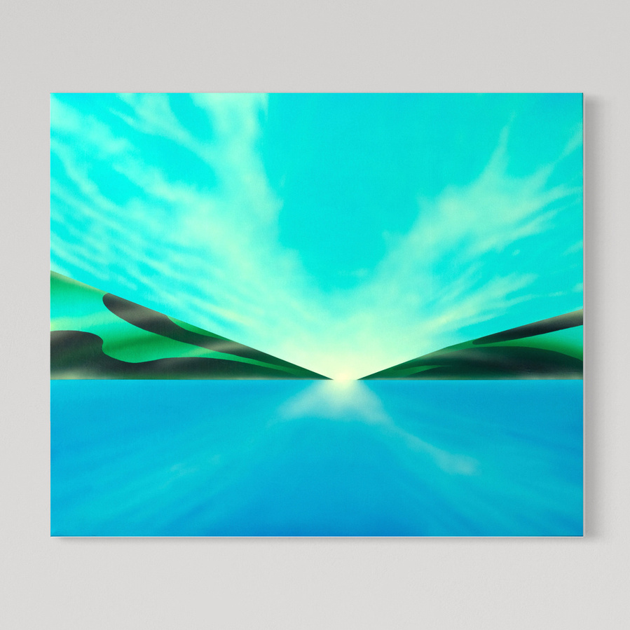 A blue coloured landscape painting.