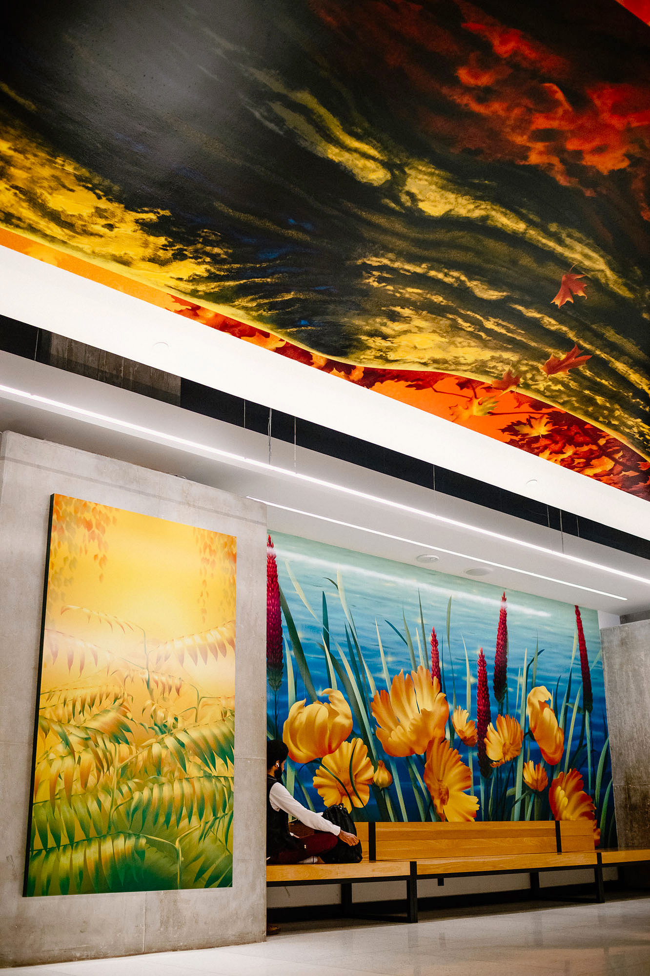 Colourful murals and artworks depicting nature and plants are displayed in a public setting.