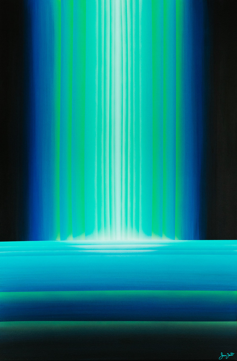 A vibrant and surreal painting with colours of white, turquoise, blue and black.