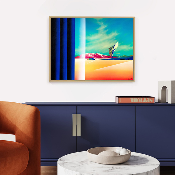 A colourful painting of a surreal and imagined landscape.