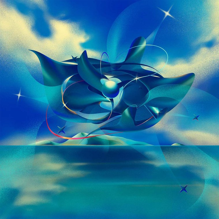 A blue and teal digital artwork depicting a surreal landscape inspired by the spatial web.