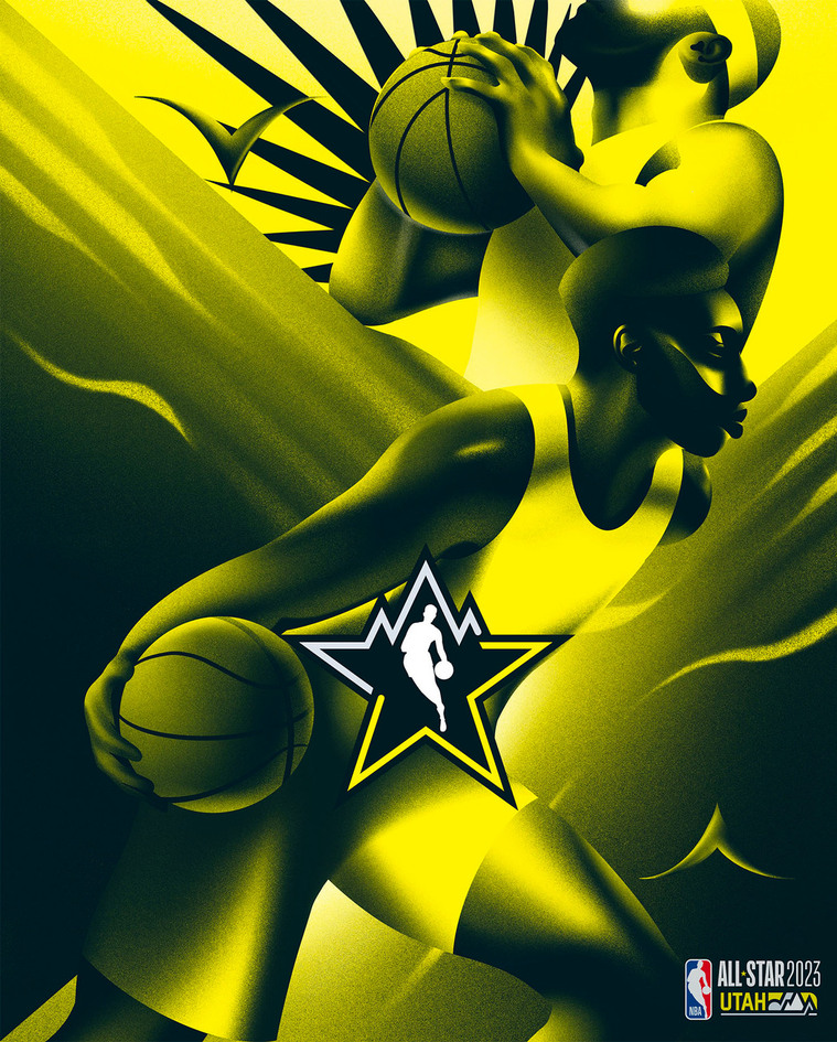 A poster illustration of NBA basketball players.
