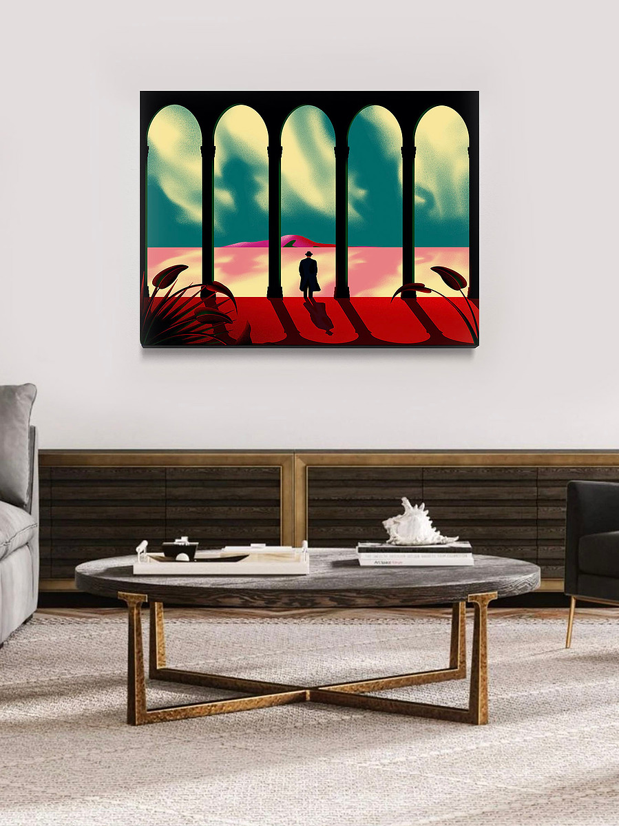 A painting of a surreal landscape with a lone figure looking at the view.