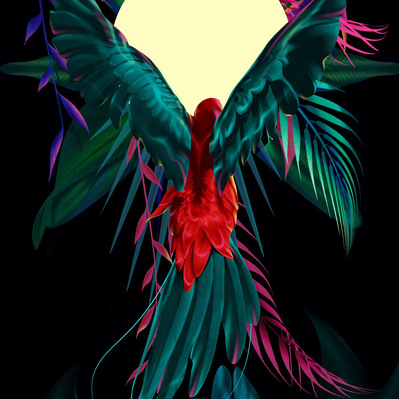 A parrot flying into a jungle.