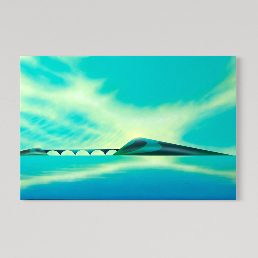 A blue coloured landscape painting
