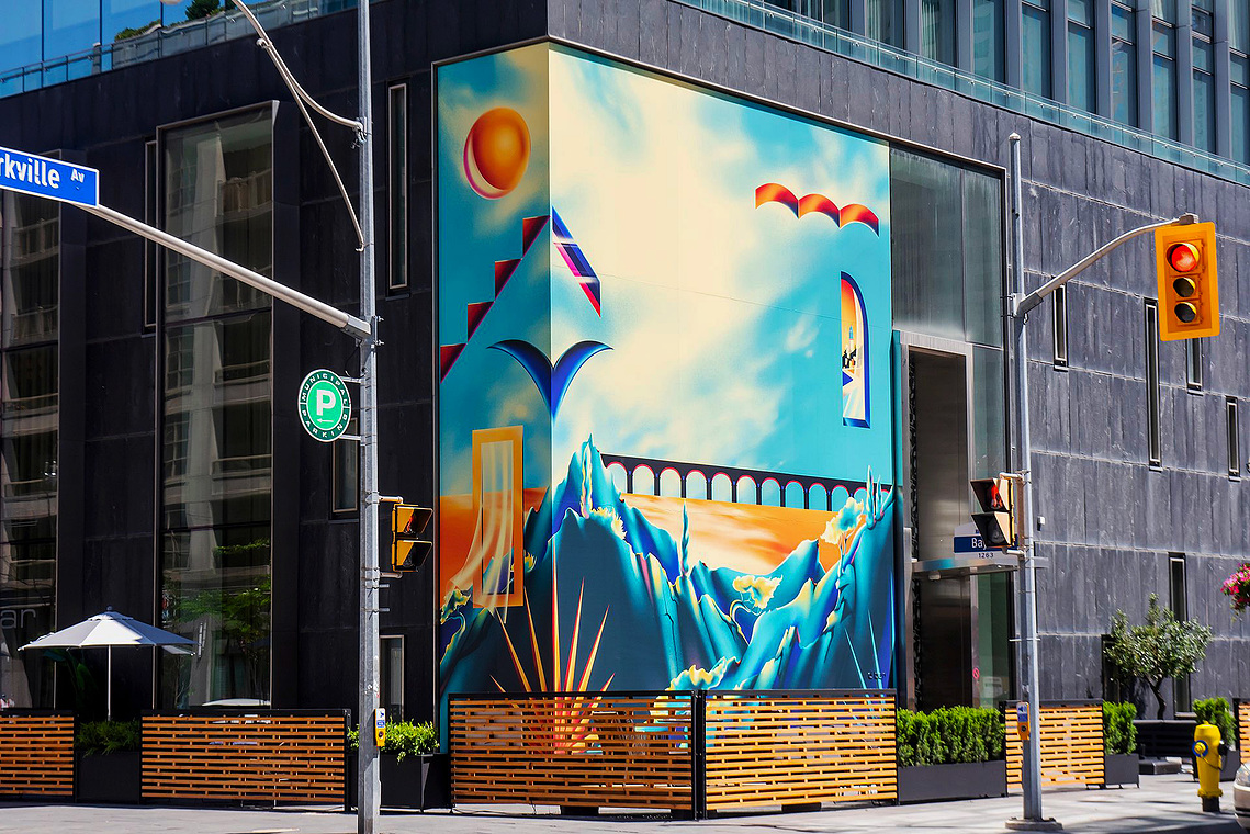 A Mediterranean inspired blue mural artwork at the four seasons hotel toronto. 