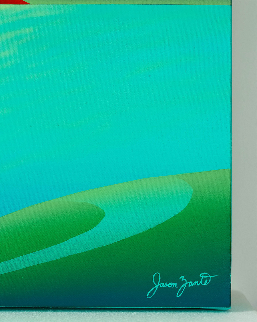A serene blue landscape painting.
