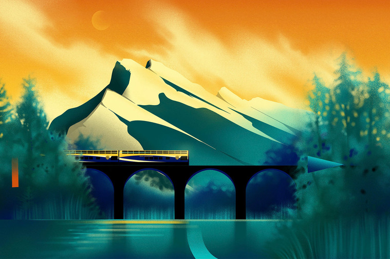 Scenic landscape of a mountain with a train passing by an arched bridge.