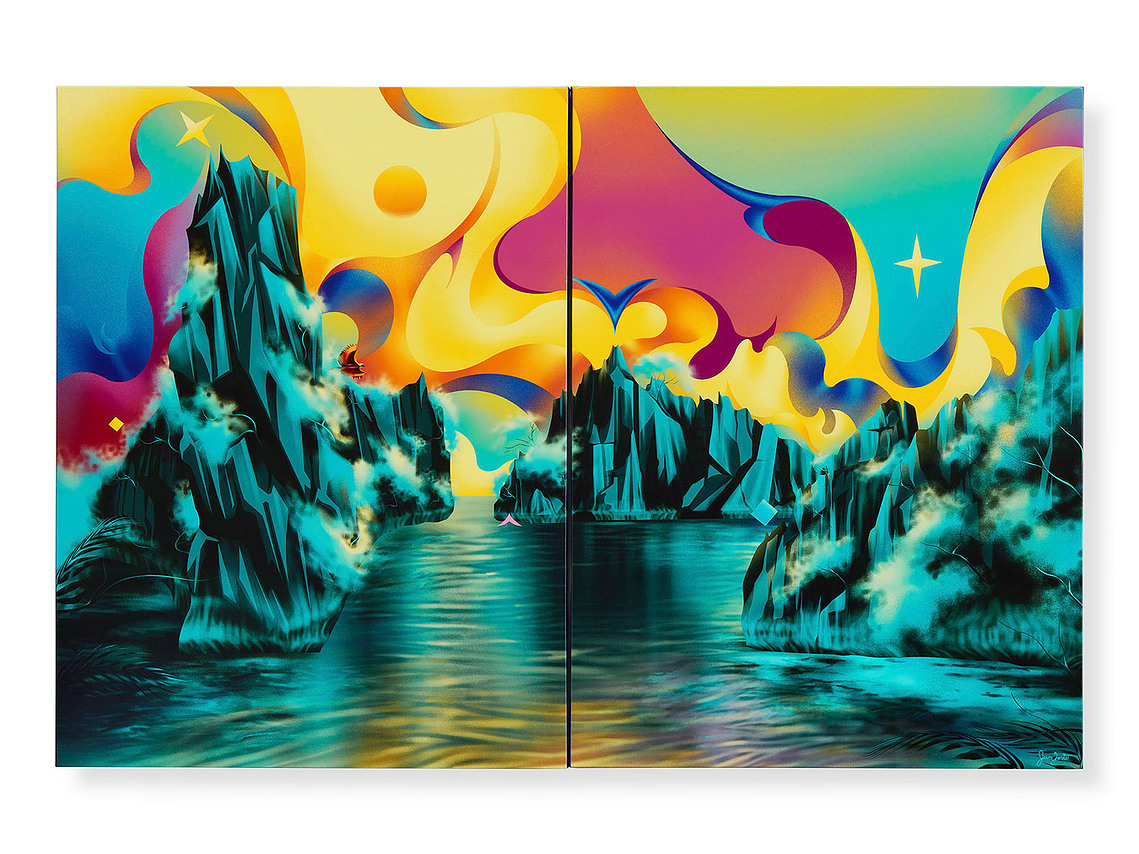 A surreal painting depicting colourful skies and rocky formations of a tropical landscape.