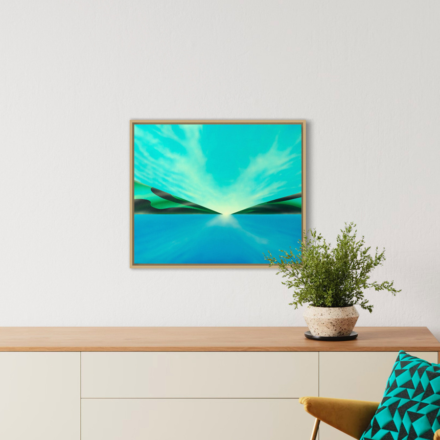 A blue coloured landscape painting.